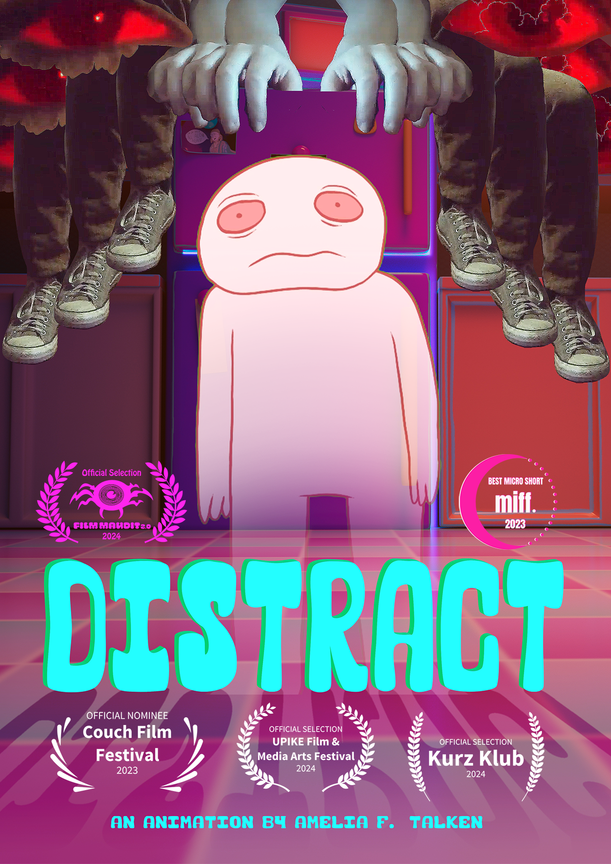 Poster for Distract. Scared looking pink dude standing in a kitchen, surrounded by body parts.